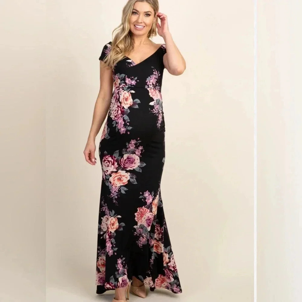 New PinkBlush Black Rose Floral Photoshoot Gown/Dress Maternity